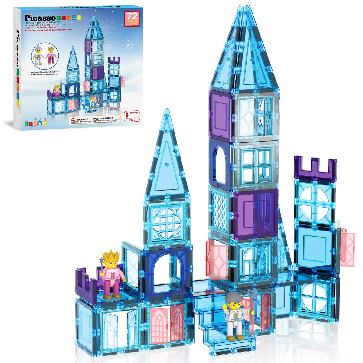 PicassoTiles 72pc Ice Castle Magnetic Tile Building Set