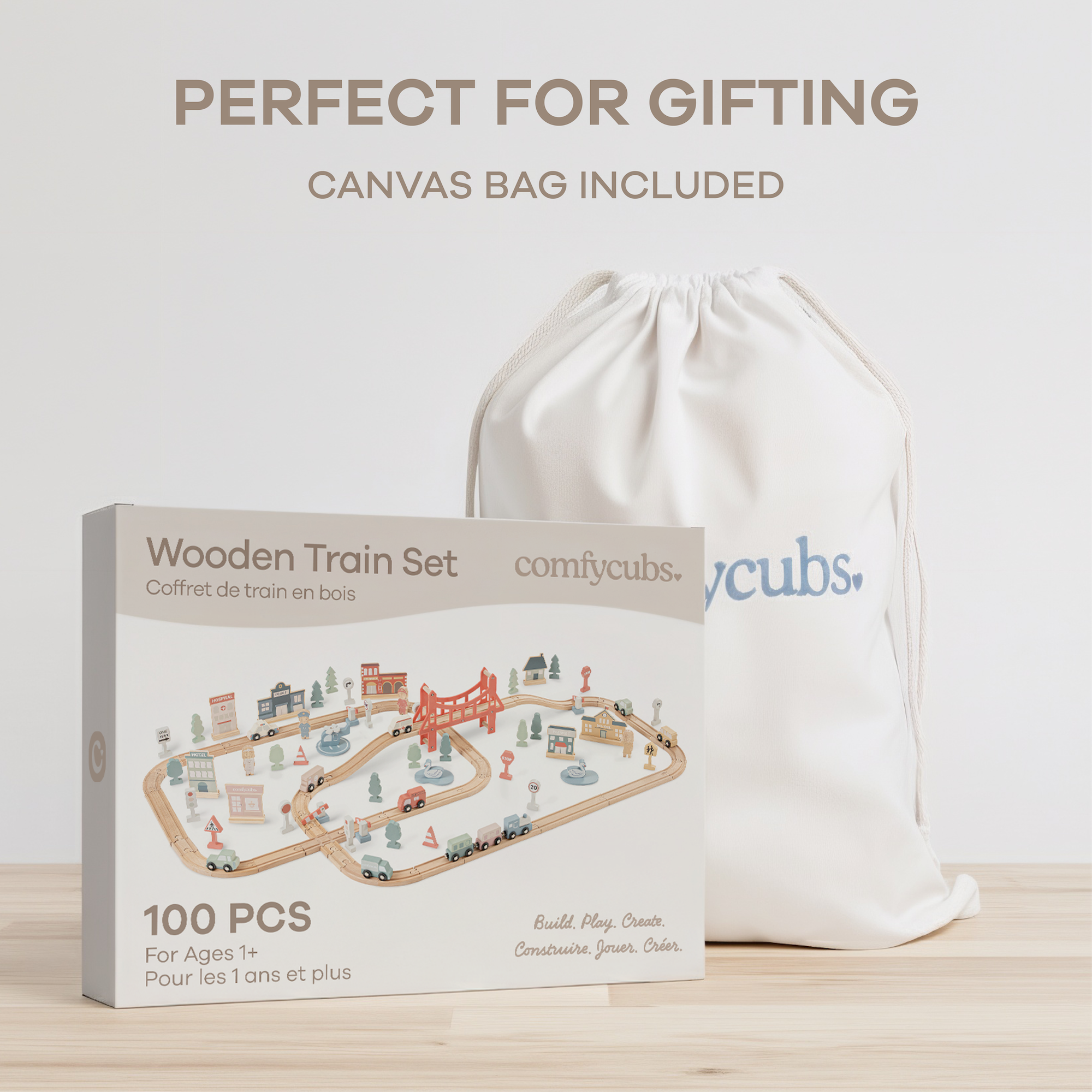 100-PC Wooden Train Set for Toddlers Ages 1+ by Comfy Cubs