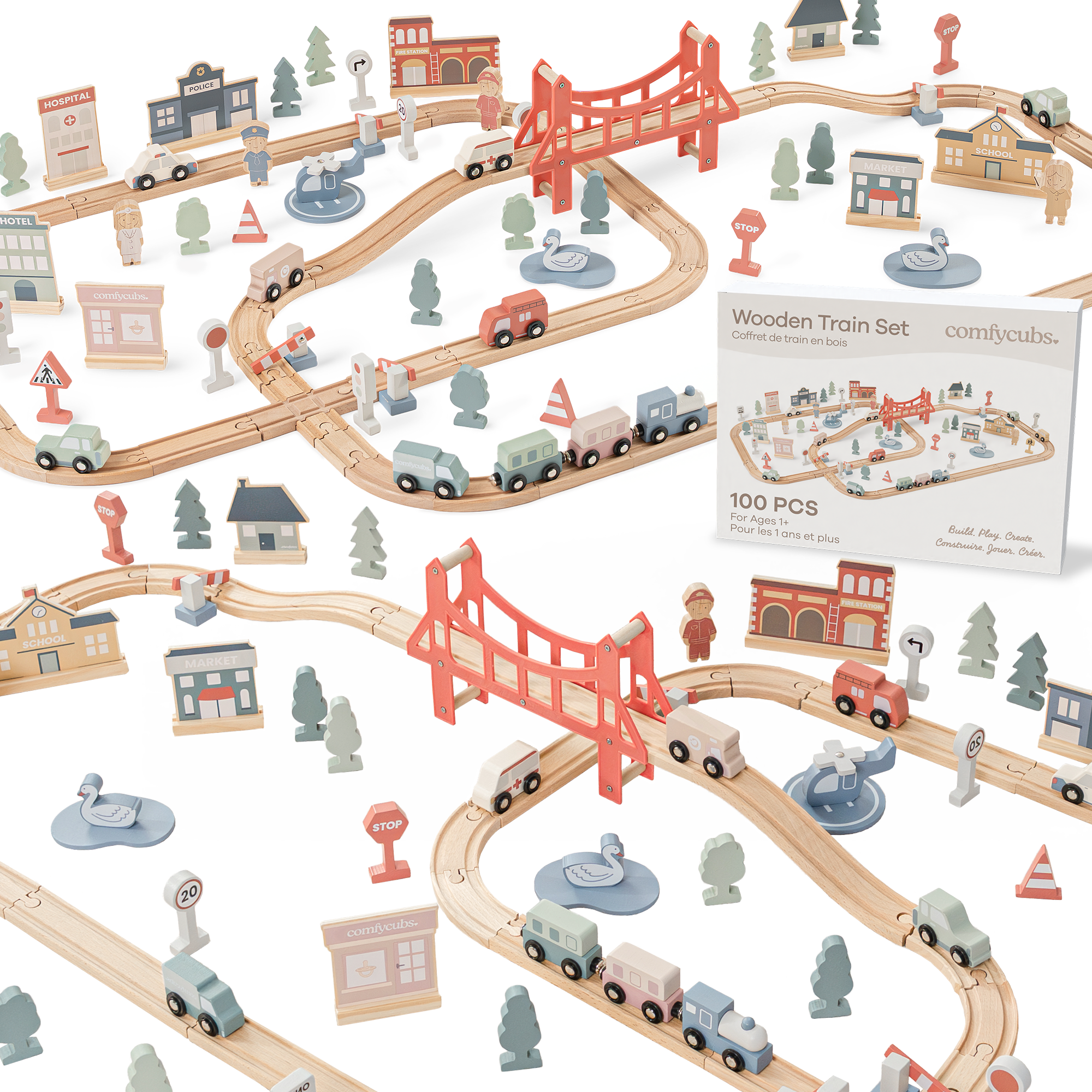 100-PC Wooden Train Set for Toddlers Ages 1+ by Comfy Cubs