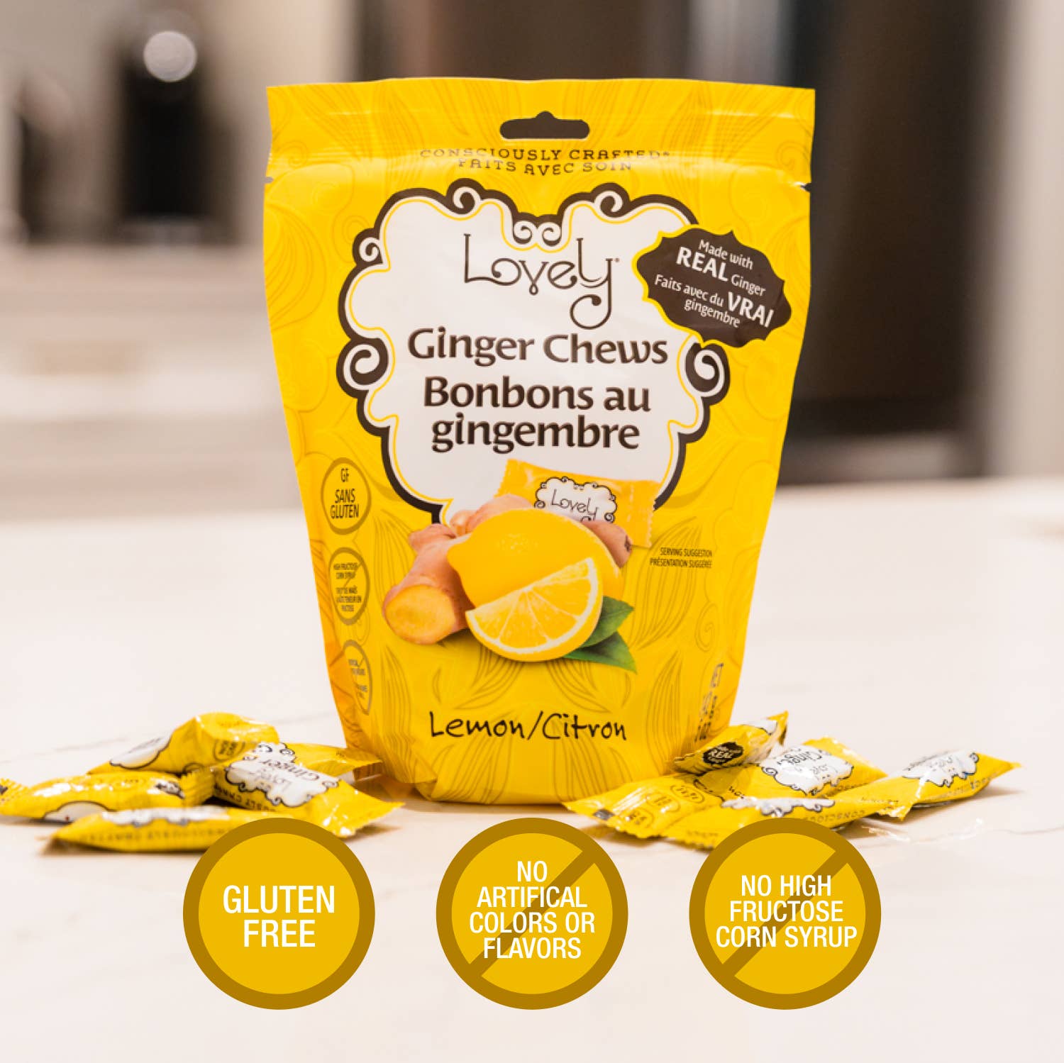 Lemon Ginger Chews Candy - Gluten Free, Vegan, Non-GMO