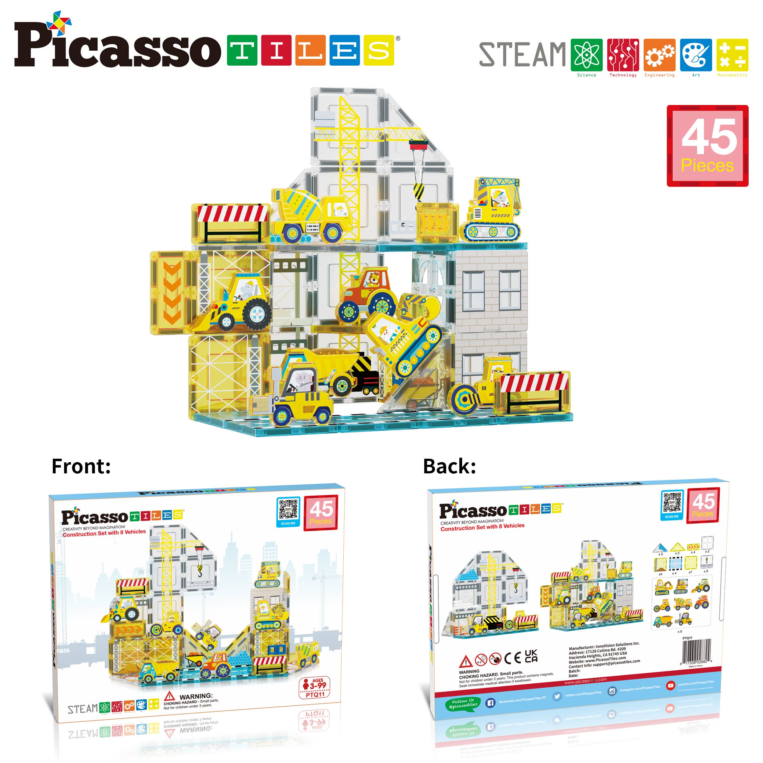 PicassoTiles 45pc Construction Magnetic Tile Building Set