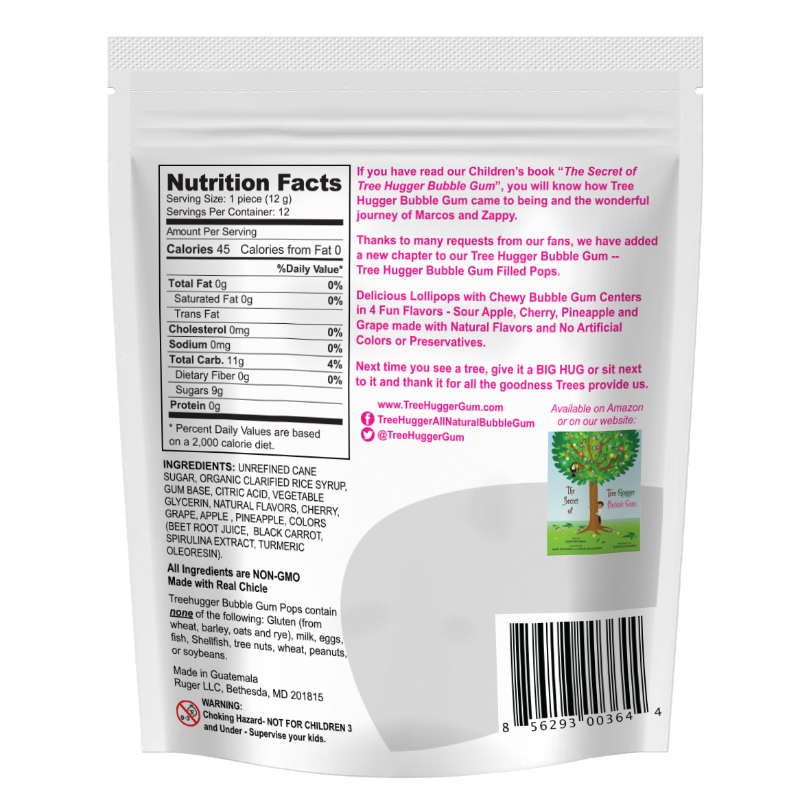 Tree Hugger Bubble Gum Filled Pops -12 Pops Per Bag