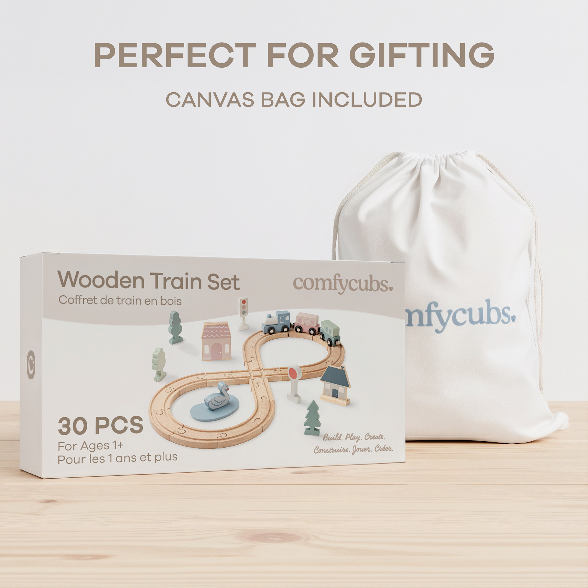 30-PC Wooden Train Set for Toddlers Ages 1+ by Comfy Cubs