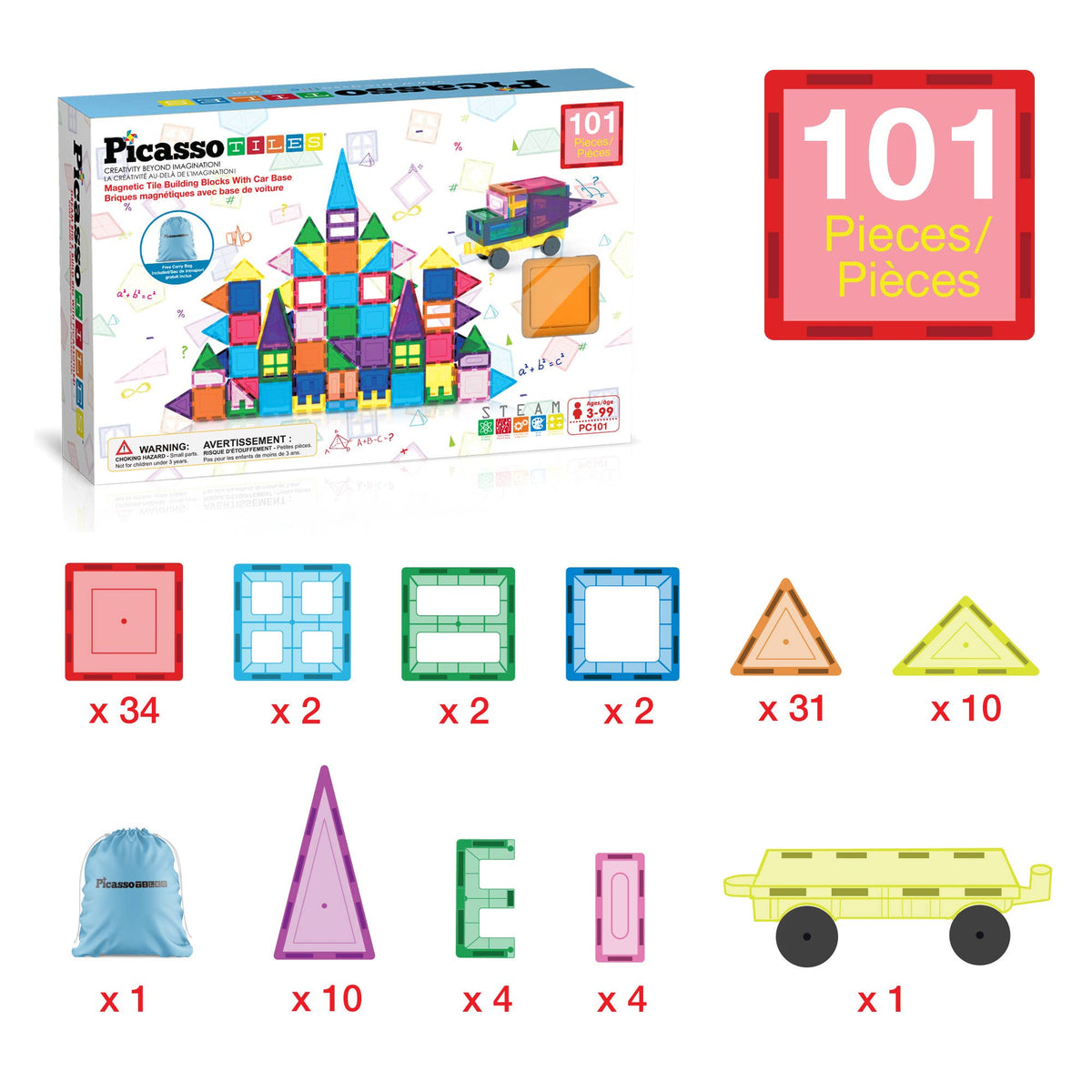 PicassoTiles 101pc Magnetic Tile Building Blocks