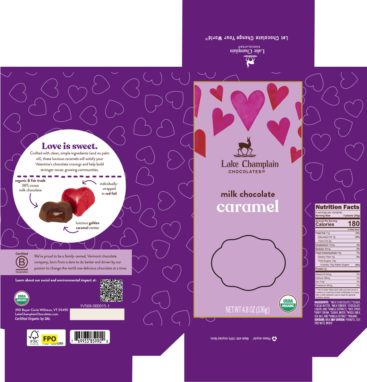 Valentine Hearts Gift Box, Milk Chocolate Caramel, Organic