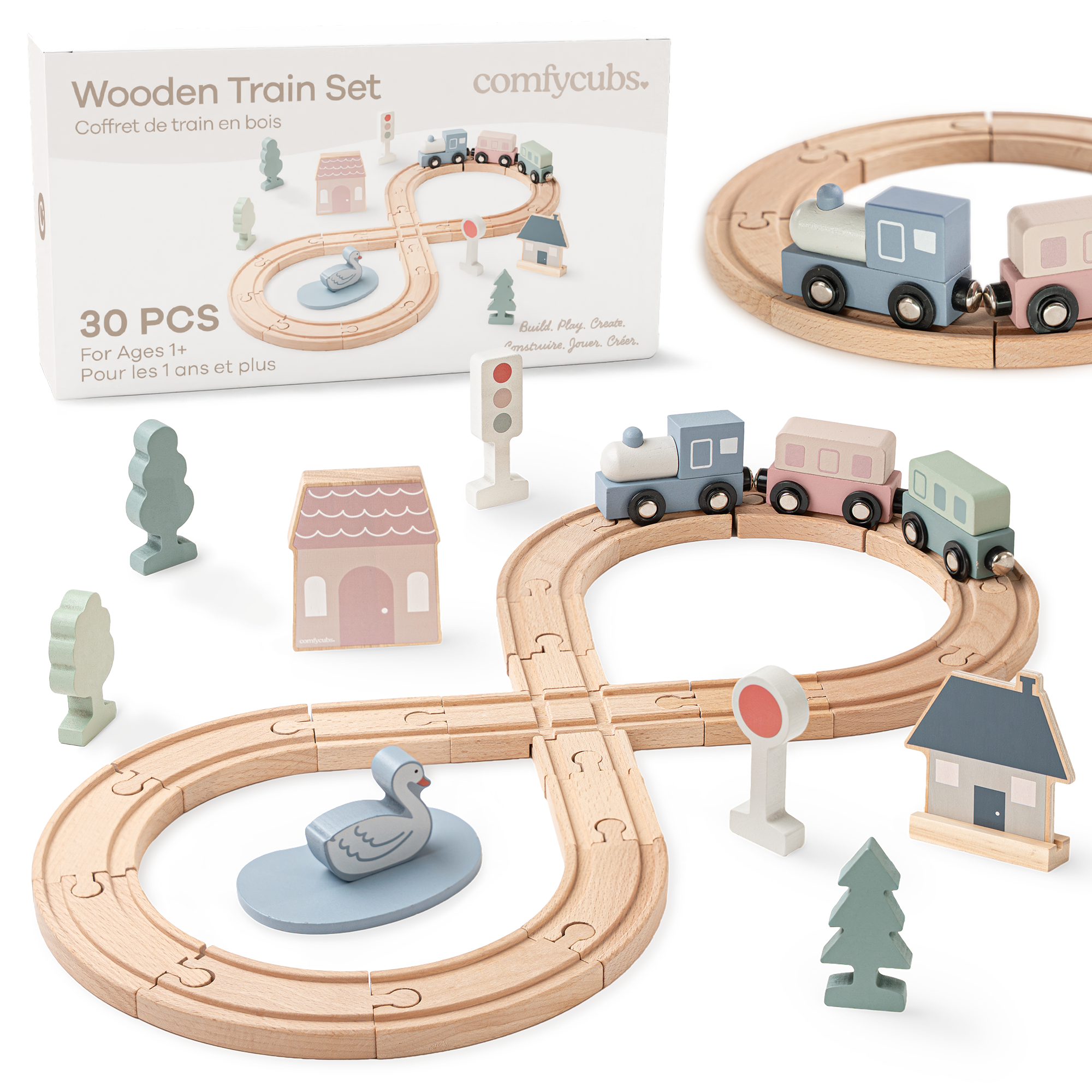 30-PC Wooden Train Set for Toddlers Ages 1+ by Comfy Cubs