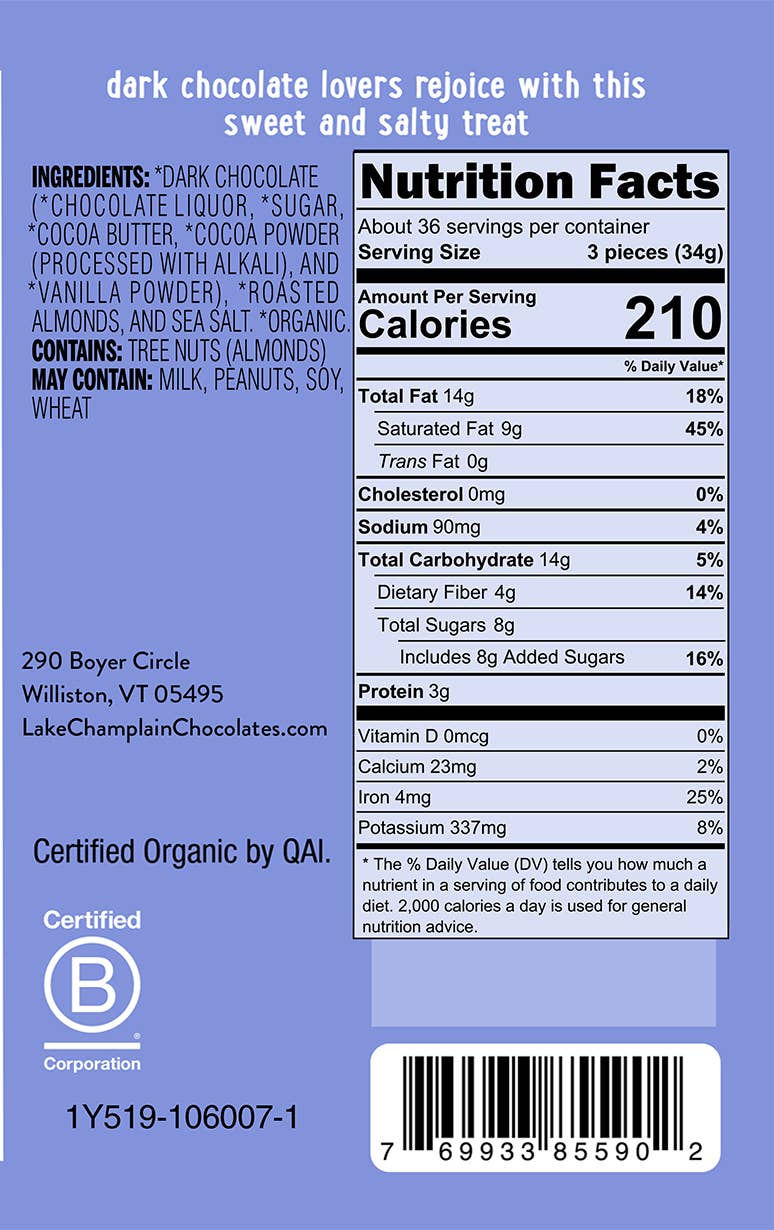 Organic 72% Dark Chocolate Almond & Sea Salt Squares