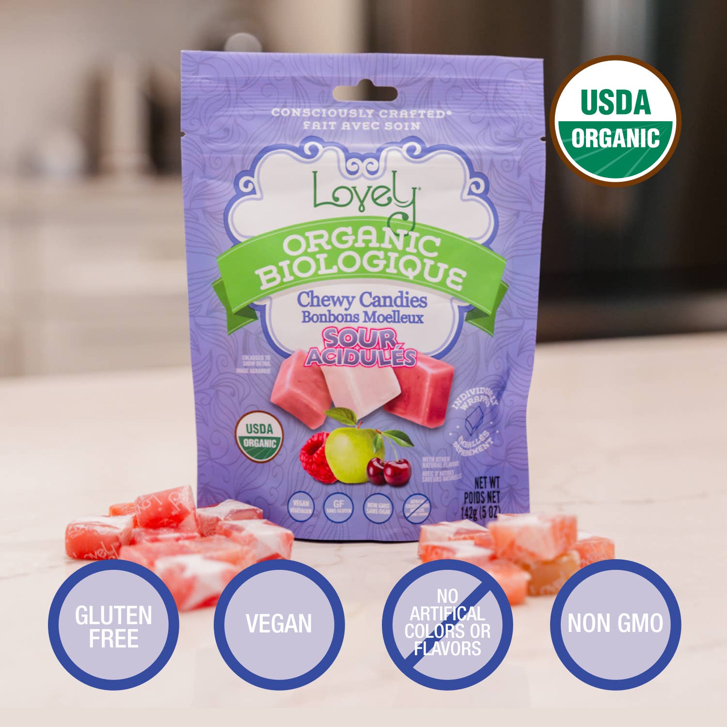 Organic Sour Chewy Candies -  Gluten Free Candy, No Dyes