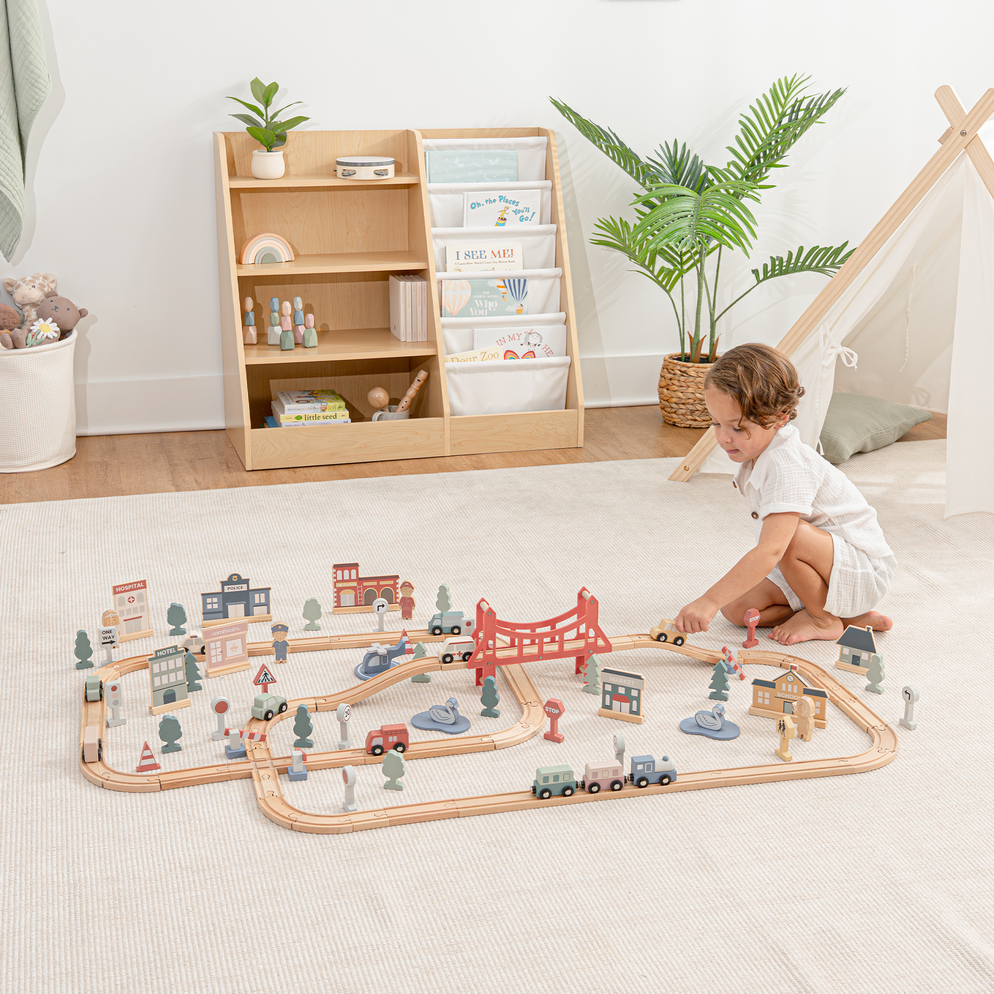100-PC Wooden Train Set for Toddlers Ages 1+ by Comfy Cubs