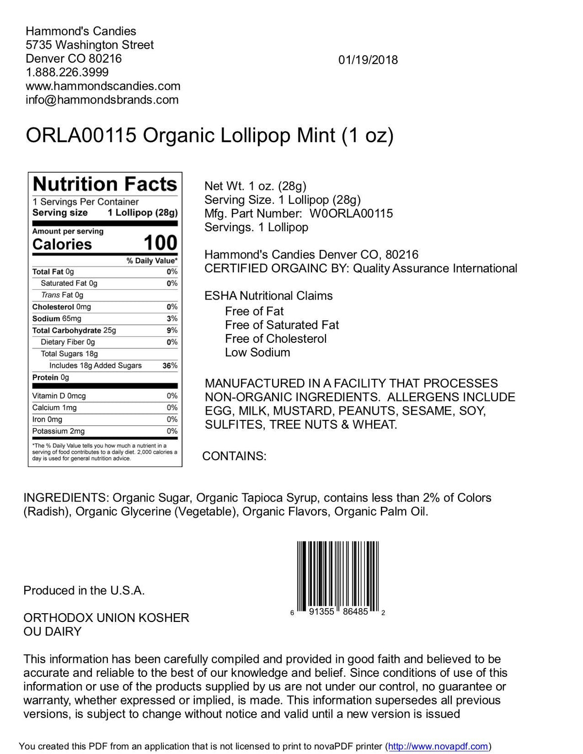 Organic Handmade Lollipop - Mint - 1 oz