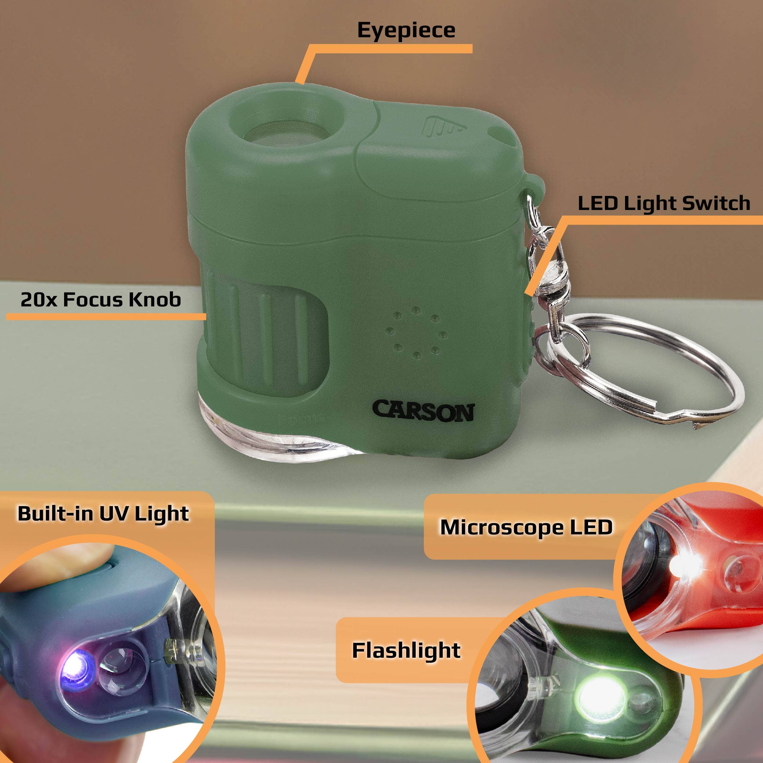 20x Lighted Pocket Microscope Keychain (Green) for Children