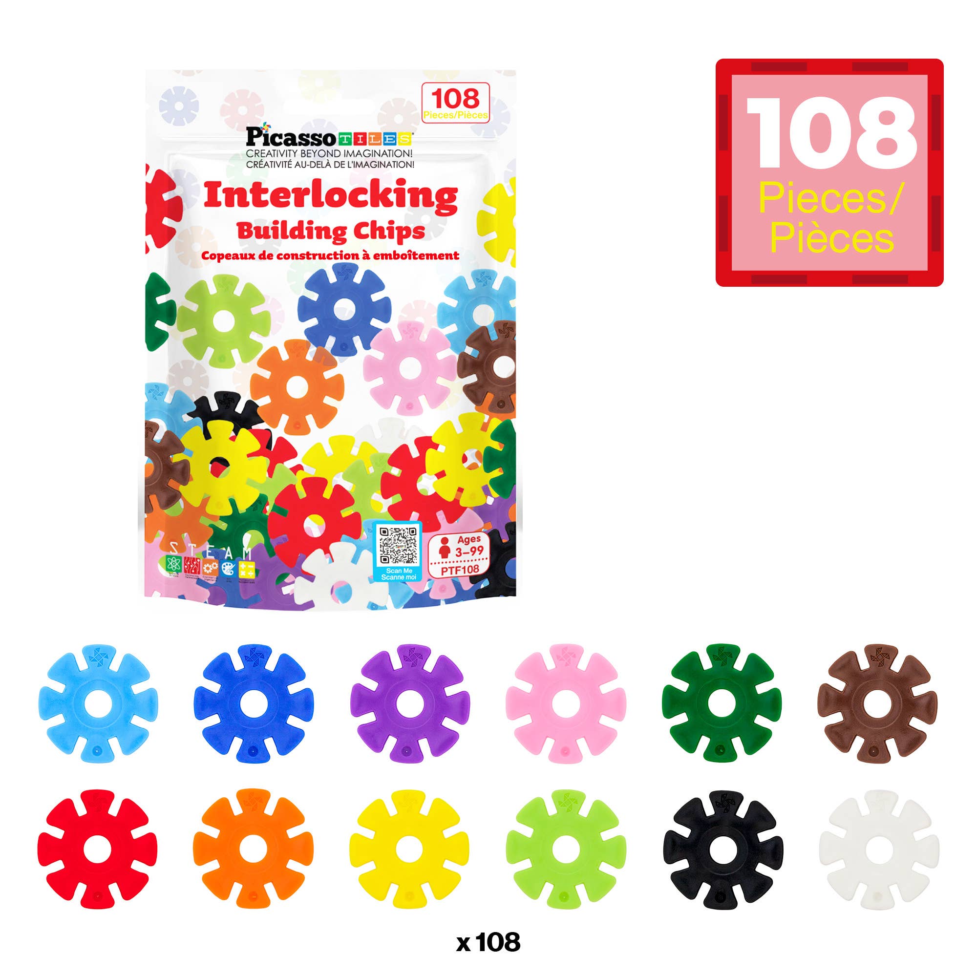 PicassoTiles Building Chips PTF108 in 12 Colors Building Set