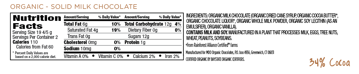 Organic Solid Milk Chocolate Large Bar,  1.4 oz