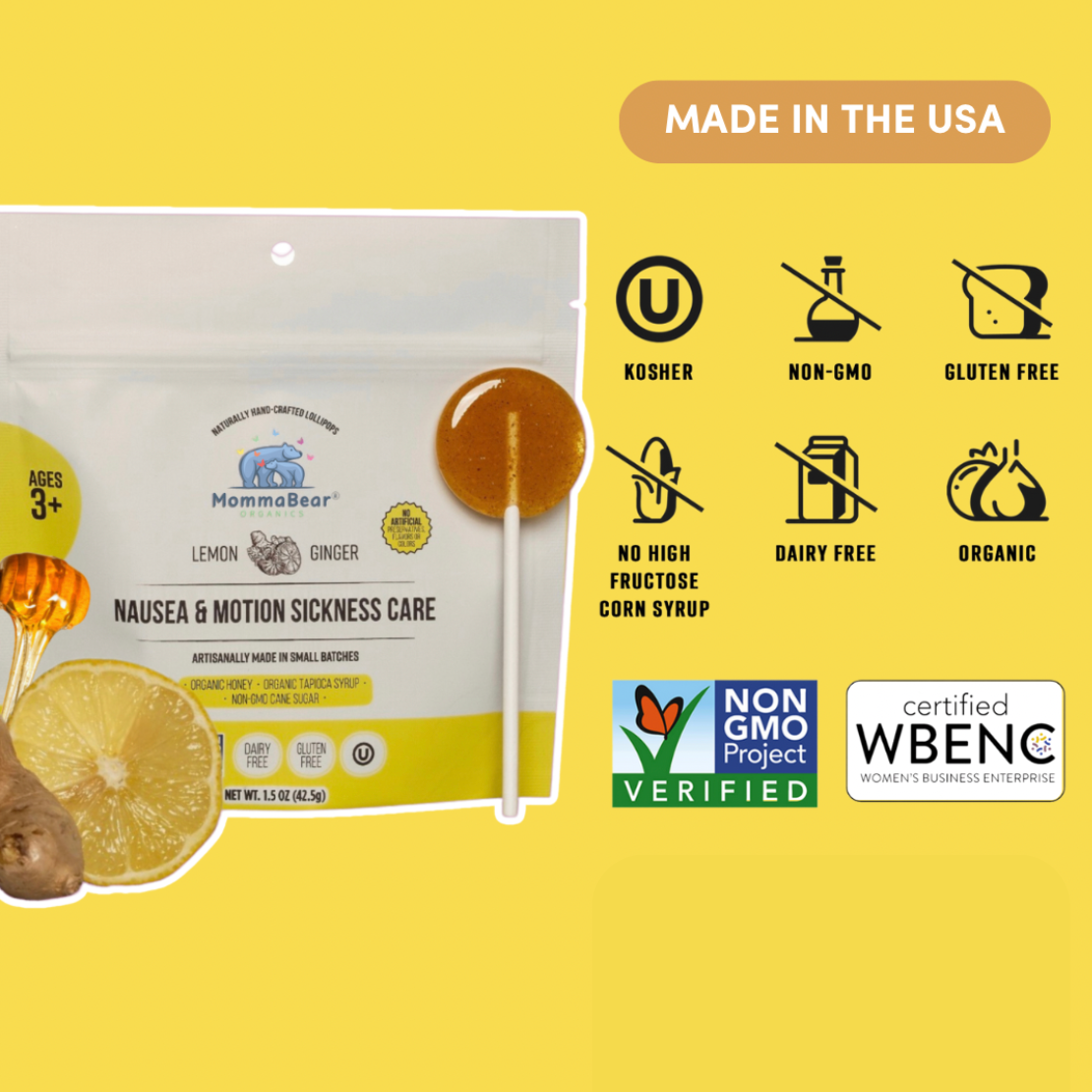 Nausea & Motion Sickness Aid Lollipop; Lemon, Ginger, Honey