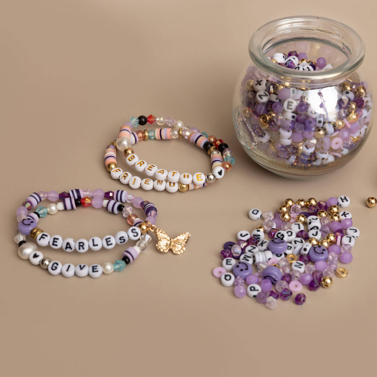 Fearless Lavender Purple Mix Beads Purple Smiley Faces Happy Face Gold Butterfly Charm DIY Jar