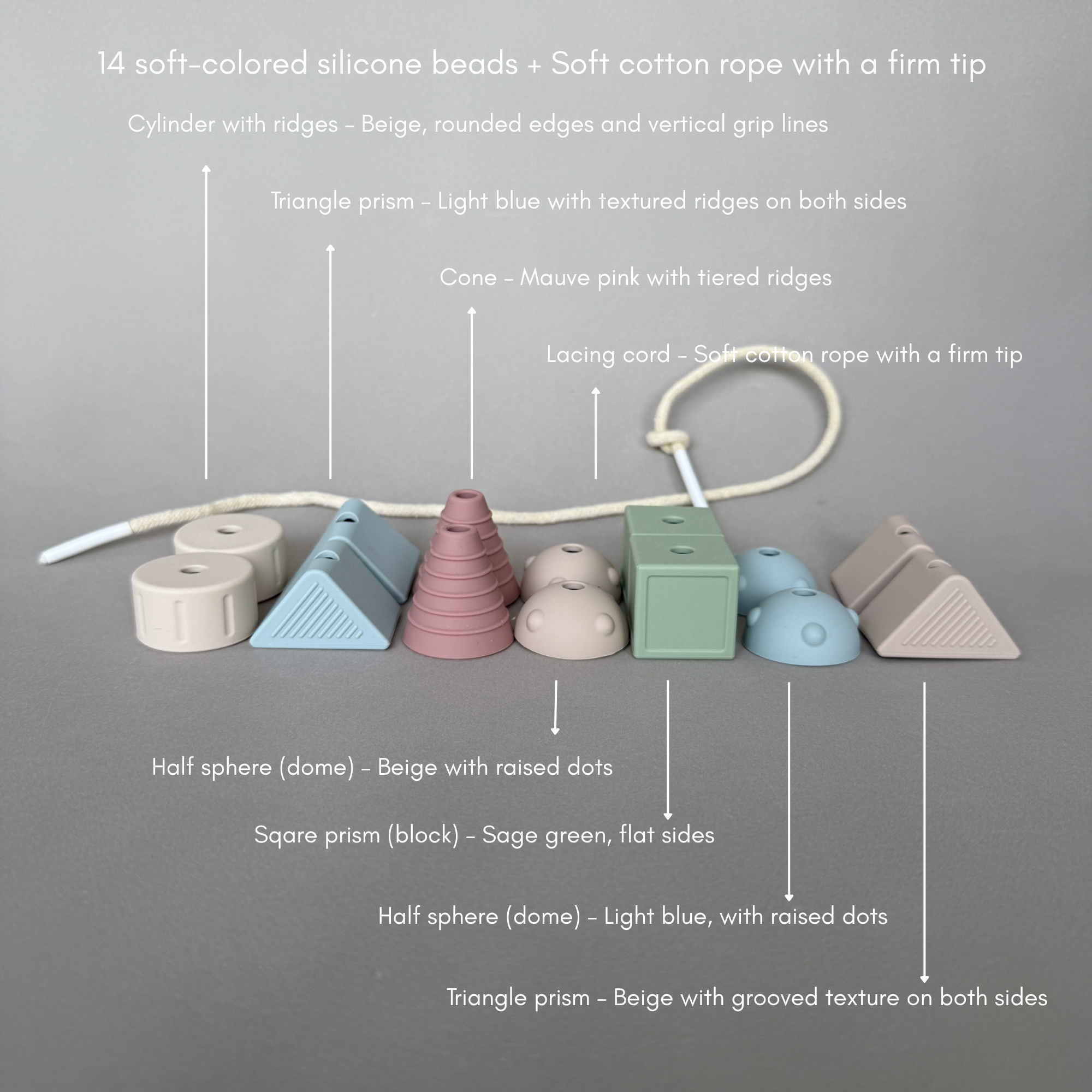 Ali+Oli Montessori Lacing Toy – 14 Soft Color Silicone Beads