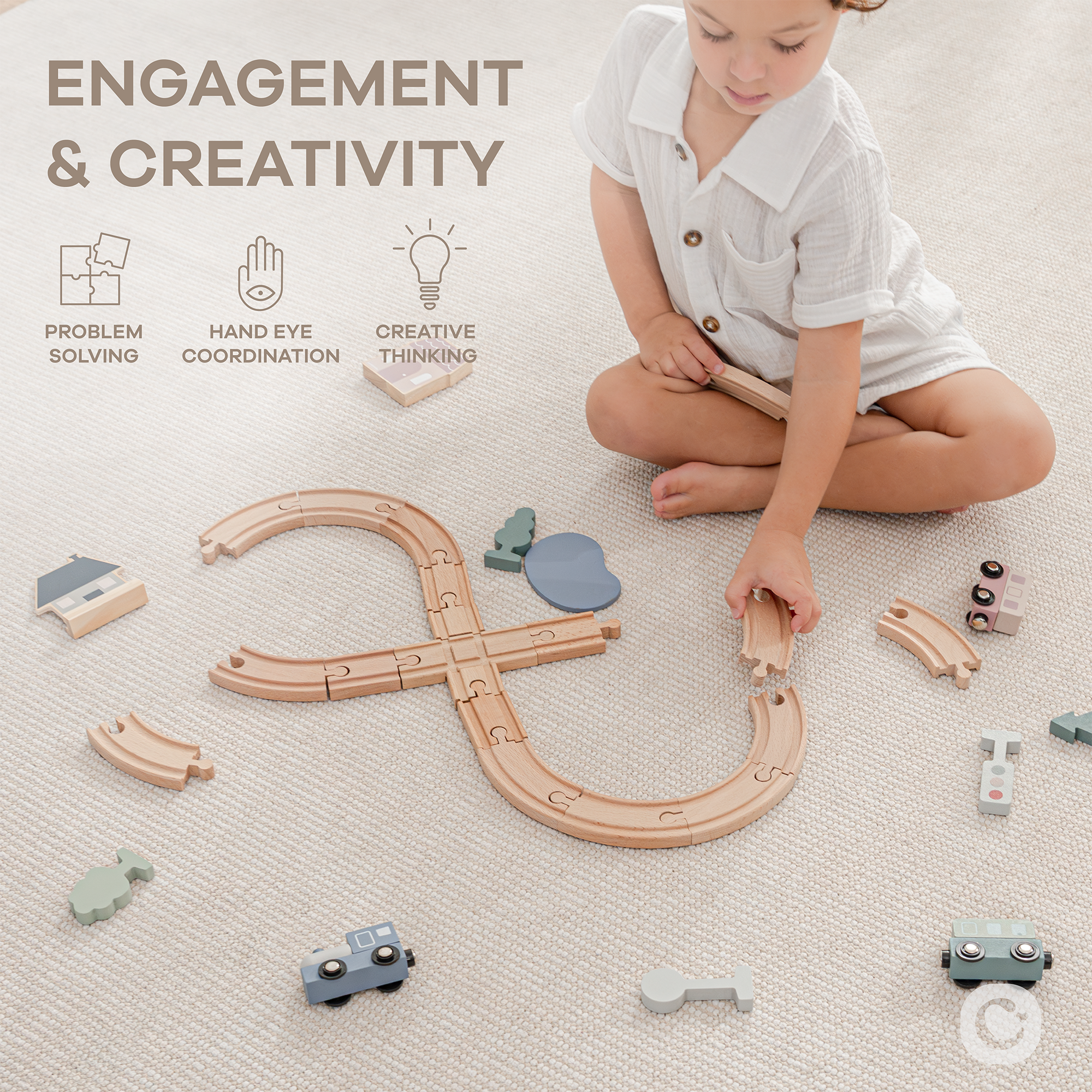 30-PC Wooden Train Set for Toddlers Ages 1+ by Comfy Cubs