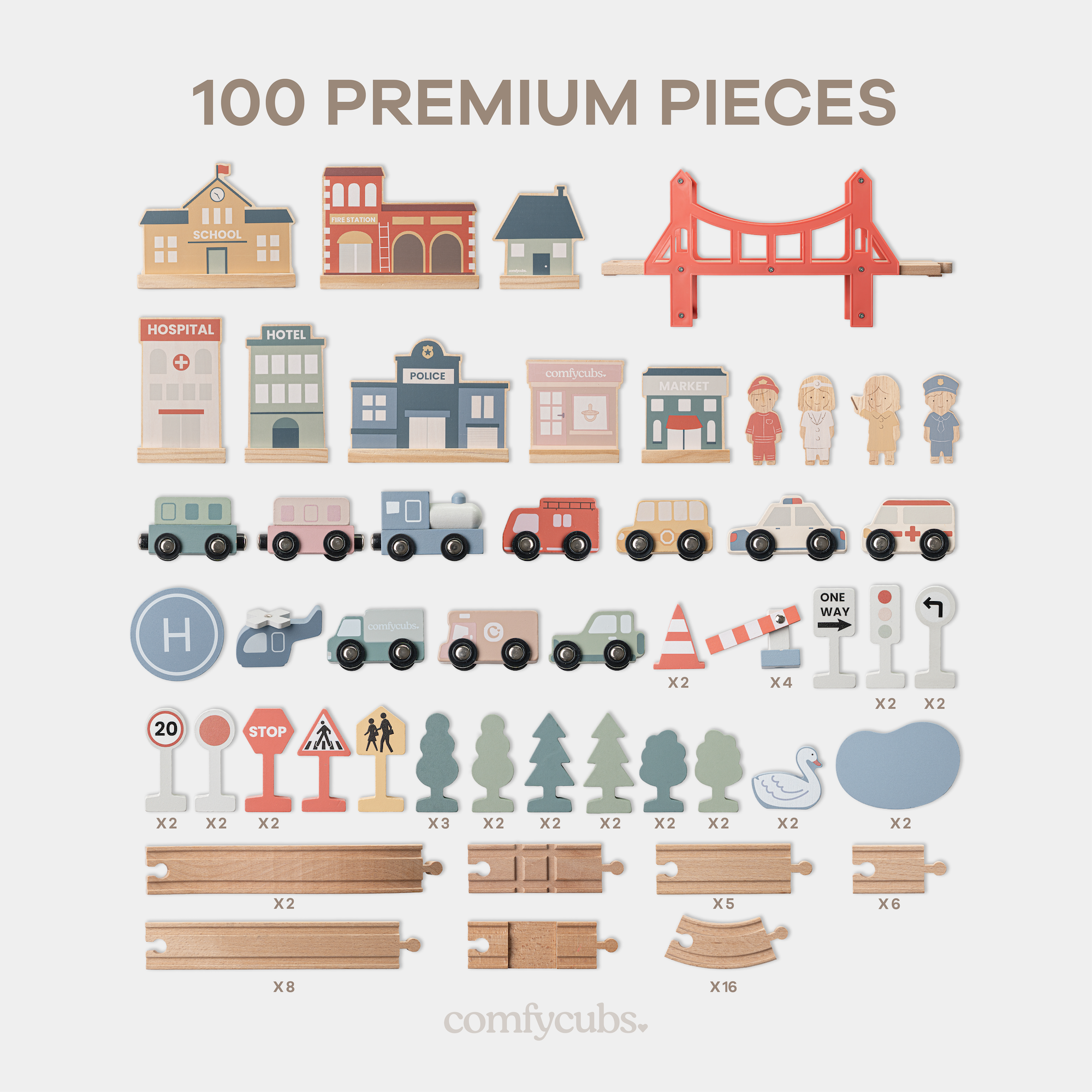 100-PC Wooden Train Set for Toddlers Ages 1+ by Comfy Cubs